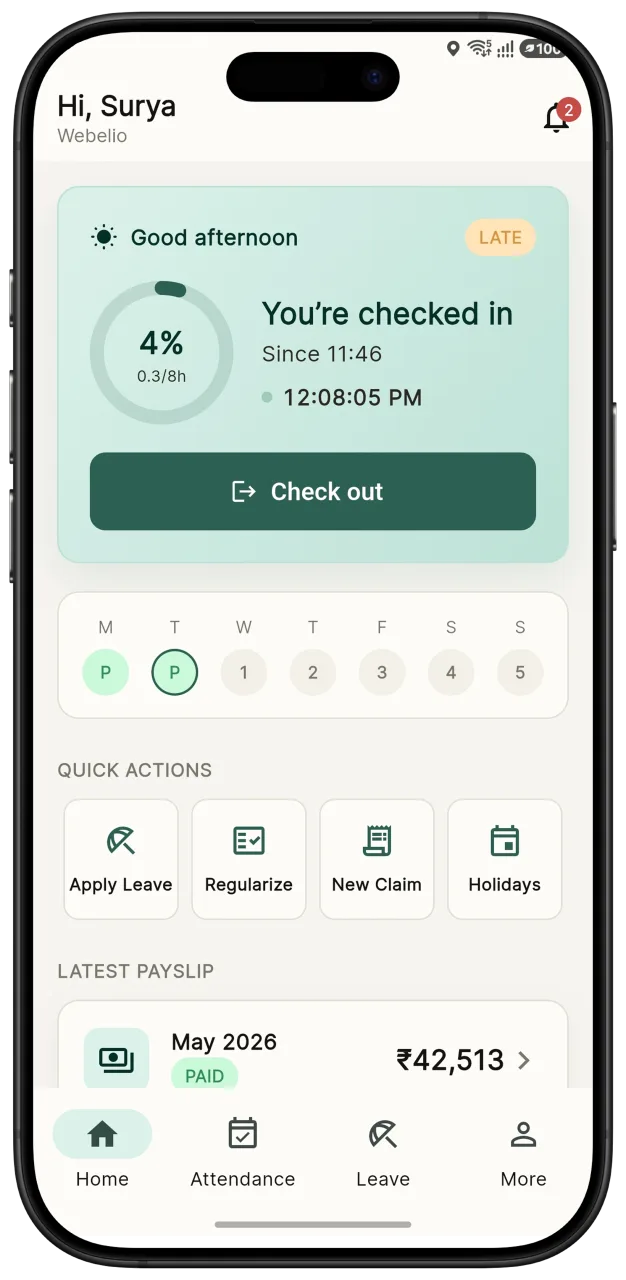 Webelio employee app — check-in, week view, quick actions and latest payslip