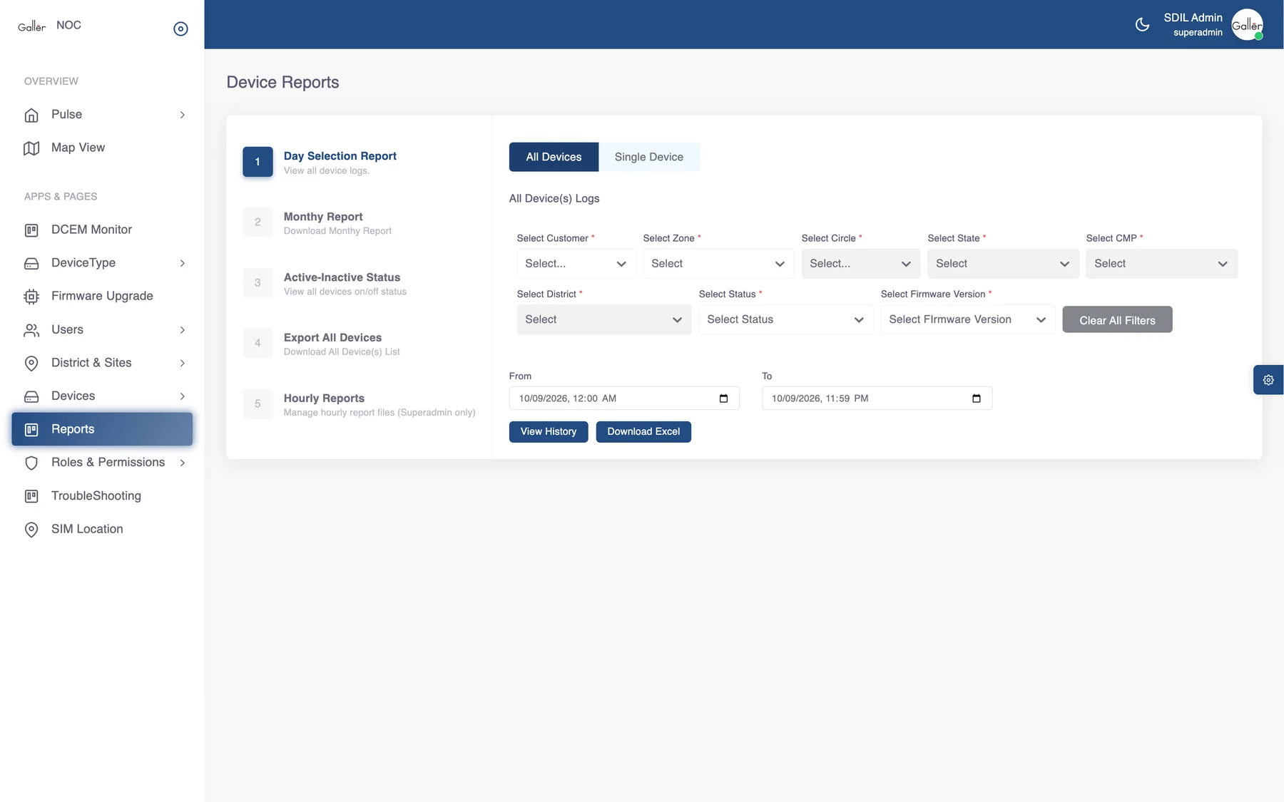 The reports module, five report types beside a date-ranged query